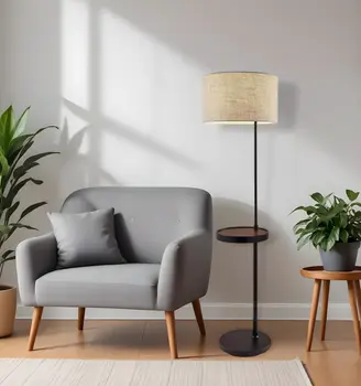 64" Beige And Black Tray Table Floor Lamp With Beige Fabric Drum Shade