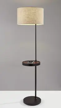 64" Beige And Black Tray Table Floor Lamp With Beige Fabric Drum Shade
