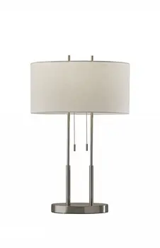 27" Silver Metal Two Light Bedside Lamp With Off White Drum Shade