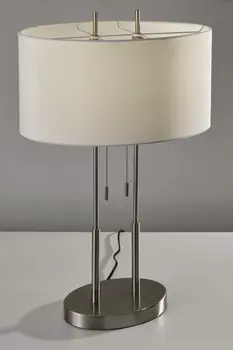 27" Silver Metal Two Light Bedside Lamp With Off White Drum Shade