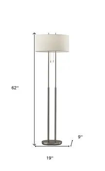 62" Silver Metal Task Floor Lamp With White Fabric Drum Shade