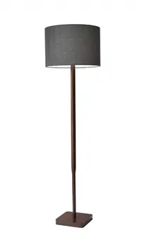 59" Brown And Black Solid Wood Floor Lamp With Dark Gray Fabric Drum Shade