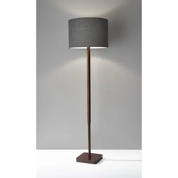 59" Brown And Black Solid Wood Floor Lamp With Dark Gray Fabric Drum Shade