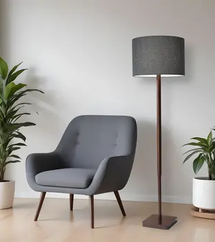 59" Brown And Black Solid Wood Floor Lamp With Dark Gray Fabric Drum Shade