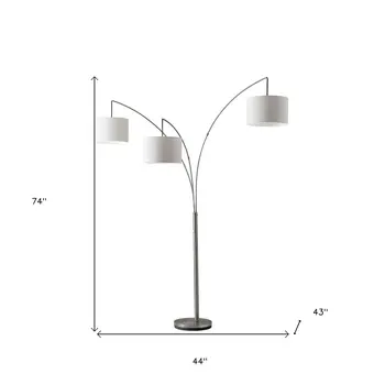 74" Silver Three Light Tree Floor Lamp With White Linen Drum Shade