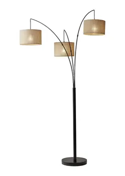 74" Bronze Three Light Tree Floor Lamp With Beige Burlap Drum Shade