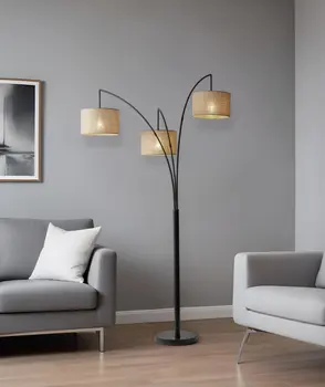 74" Bronze Three Light Tree Floor Lamp With Beige Burlap Drum Shade