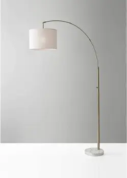74" Brass Metal Arc Floor Lamp With Off White Linen Drum Shade