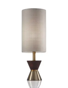 23" Brass Metal And Wood Table Lamp With Beige Drum Shade