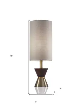 23" Brass Metal And Wood Table Lamp With Beige Drum Shade