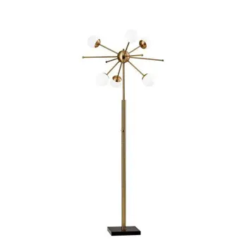 64" Brass Six Light LED Novelty Floor Lamp With White Glass Globe Shade