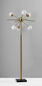 64" Brass Six Light LED Novelty Floor Lamp With White Glass Globe Shade