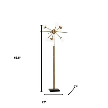 64" Brass Six Light LED Novelty Floor Lamp With White Glass Globe Shade