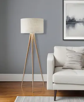 60" Natural Metal Tripod Floor Lamp With White Fabric Drum Shade
