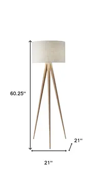 60" Natural Metal Tripod Floor Lamp With White Fabric Drum Shade
