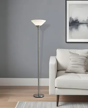 73" Silver Torchiere Floor Lamp With White Acrylic Cone Shade