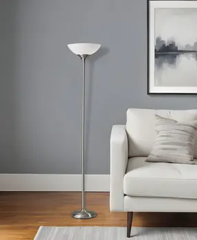 71" Silver Metal Torchiere Floor Lamp With White Bowl Shade