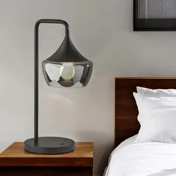 20" Black Metal Table Lamp With Black Metal And Smoked Glass Shade