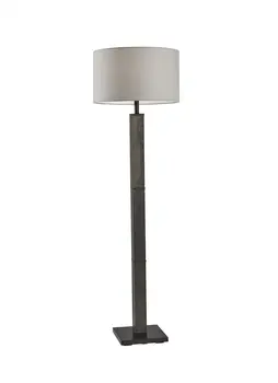 62" Black Wood And Metal Floor Lamp With Light Gray Fabric Drum Shade