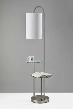 66" Silver Tray Table Floor Lamp With White Fabric Drum Shade