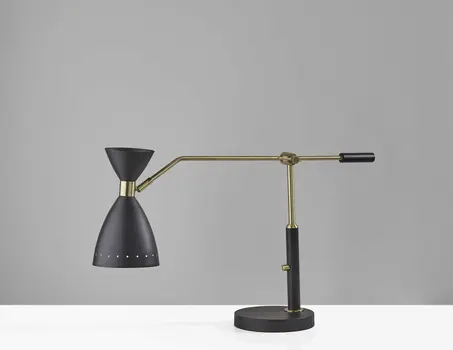 32" Black And Gold Metal Desk Lamp With Cinched Cone Shade