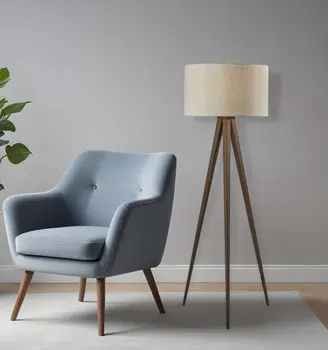 60" Brown And White Tripod Floor Lamp With White Linen Drum Shade