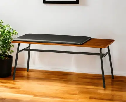 39" Brown and Black and Black Upholstered Faux Leather Bench