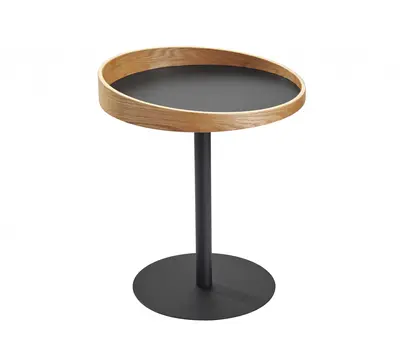 22" Black And Natural Wood And Metal Round Pedestal End Table