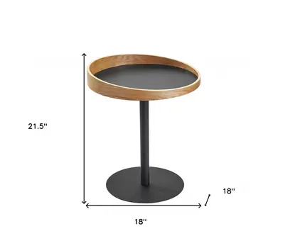 22" Black And Natural Wood And Metal Round Pedestal End Table