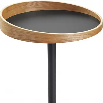 22" Black And Natural Wood And Metal Round Pedestal End Table