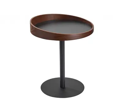 22" Black And Walnut Wood And Metal Round Pedestal End Table
