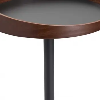 22" Black And Walnut Wood And Metal Round Pedestal End Table