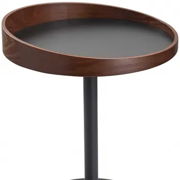 22" Black And Walnut Wood And Metal Round Pedestal End Table