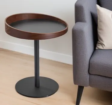 22" Black And Walnut Wood And Metal Round Pedestal End Table