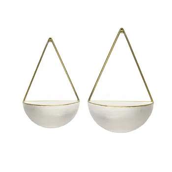 Set of Two Creamy White And Gold Round Metal Wall Planters
