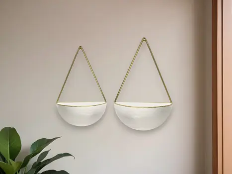 Set of Two Creamy White And Gold Round Metal Wall Planters