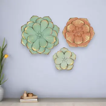 Set of Three Green Orange and Gold Metal Flowers Wall Decor