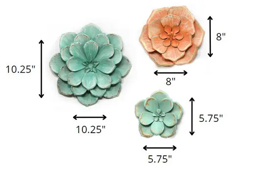 Set of Three Green Orange and Gold Metal Flowers Wall Decor