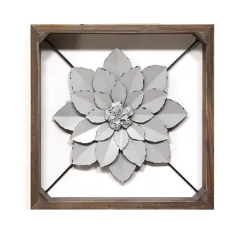 16" Brown And Gray Rustic Metal And Wood Floral Square Hanging Dimensional Sculpture