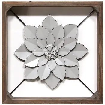 16" Brown And Gray Rustic Metal And Wood Floral Square Hanging Dimensional Sculpture