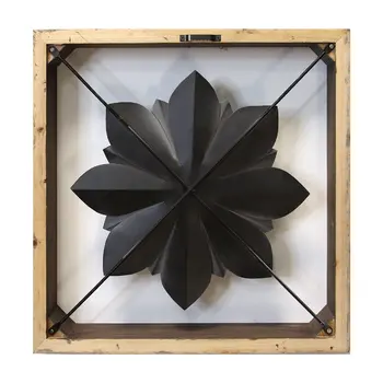 16" Brown And Gray Rustic Metal And Wood Floral Square Hanging Dimensional Sculpture