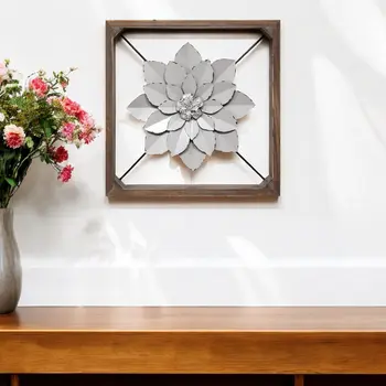 16" Brown And Gray Rustic Metal And Wood Floral Square Hanging Dimensional Sculpture