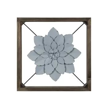 Pale Blue Metal Flower In Walnut Finish Frame