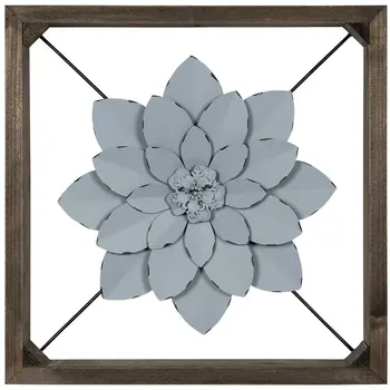 Pale Blue Metal Flower In Walnut Finish Frame