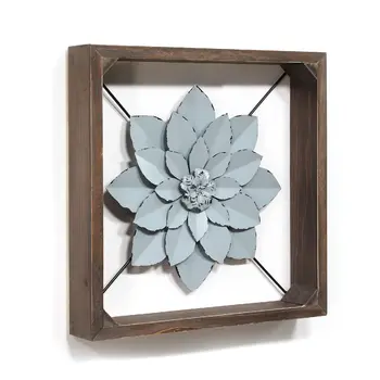 Pale Blue Metal Flower In Walnut Finish Frame
