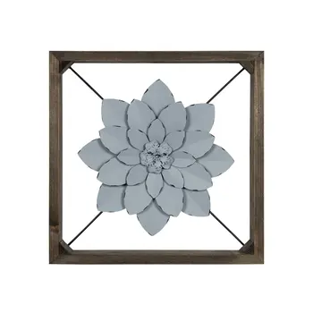 Pale Blue Metal Flower In Walnut Finish Frame