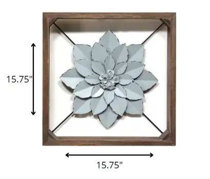 Pale Blue Metal Flower In Walnut Finish Frame