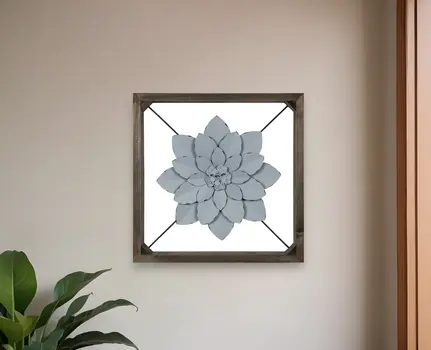 Pale Blue Metal Flower In Walnut Finish Frame