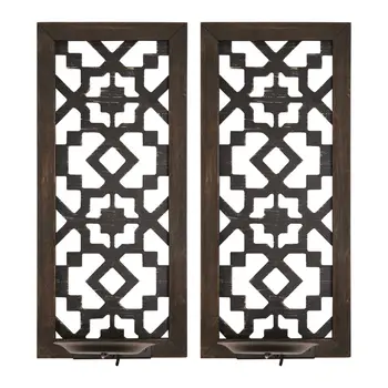 Set of Two Black Distressed Ornate Manufactured Wood And Metal Wall Sconce Candle Holders