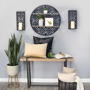 Set of Two Black Distressed Ornate Manufactured Wood And Metal Wall Sconce Candle Holders